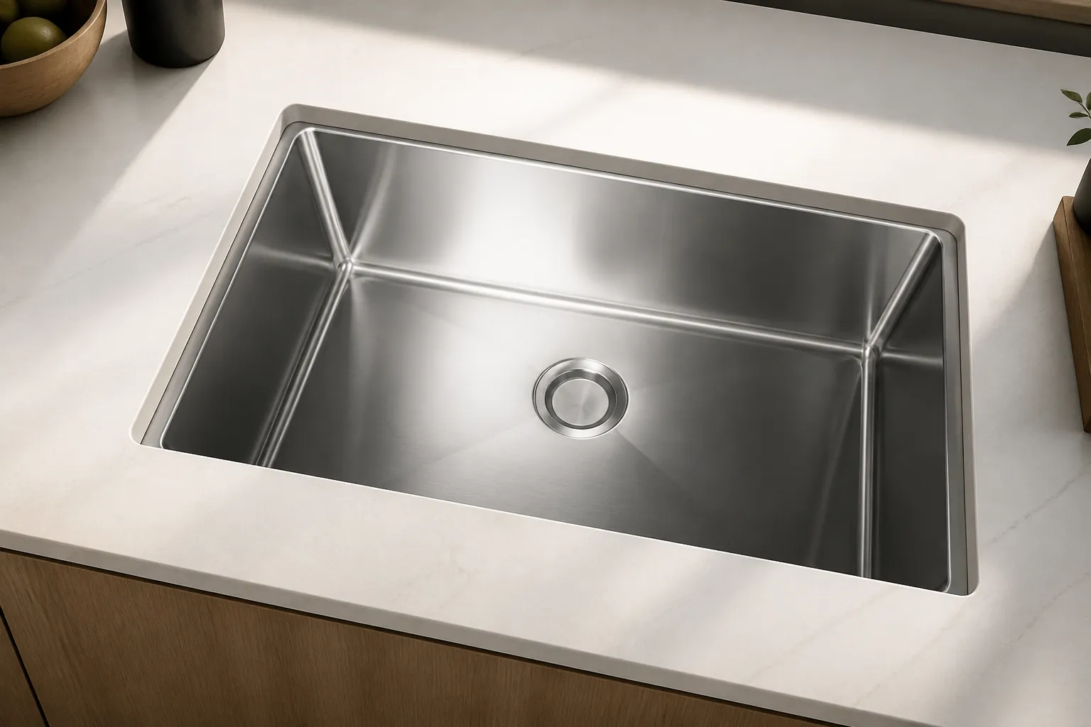 Avalon AV17 Wyndsor stainless-steel single-bowl sink installed in a modern stone countertop