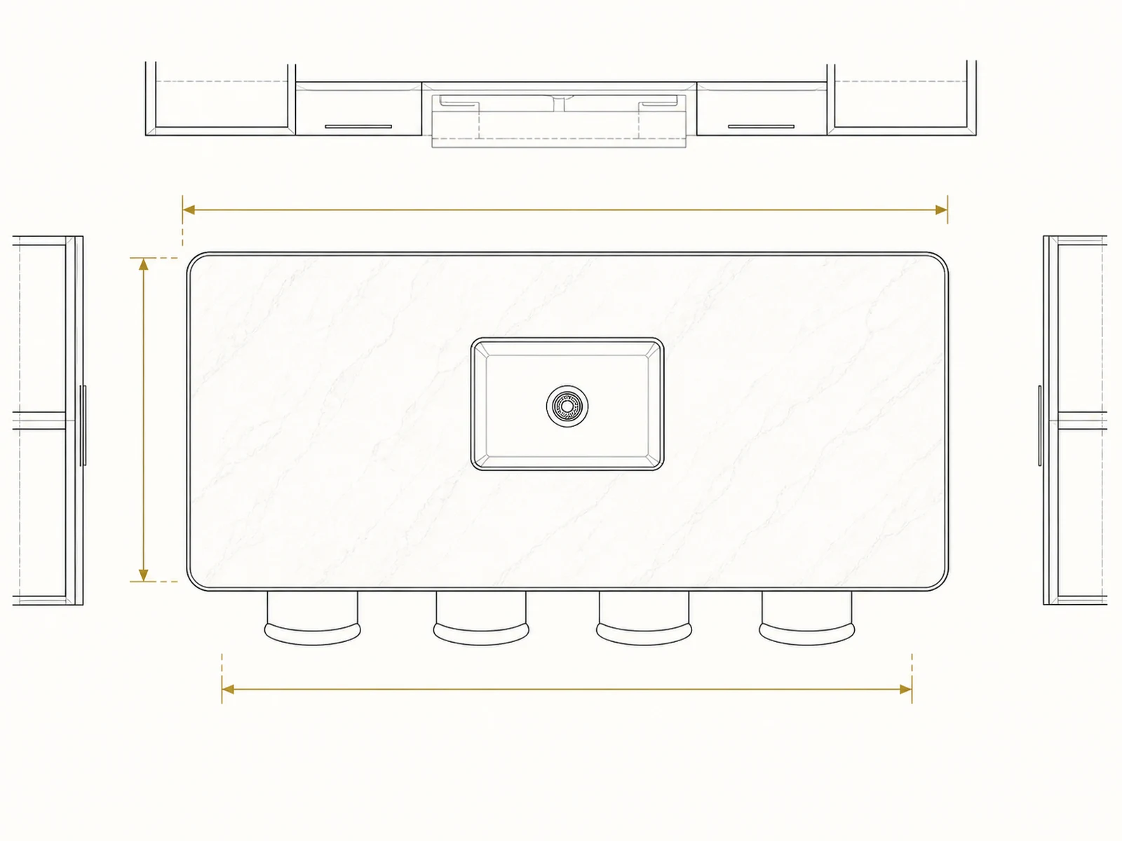 Kitchen countertop layout drawing showing an island, sink, cabinet runs, dimensions, and elevations
