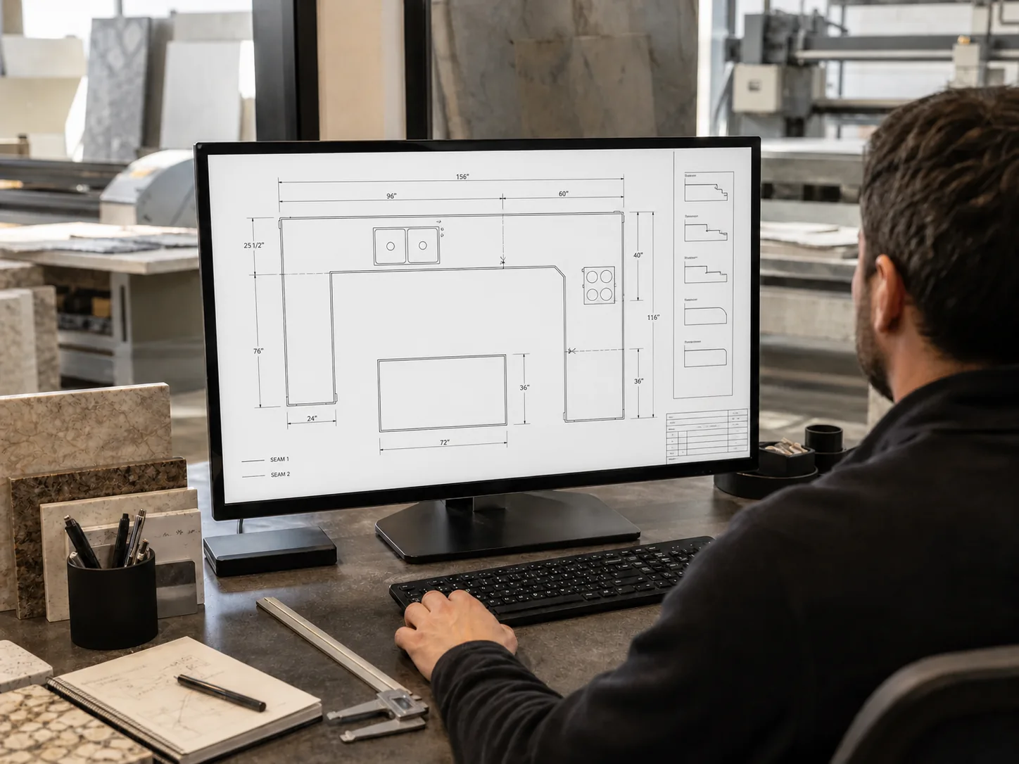 CAD technician reviewing a countertop fabrication drawing in the UrbanSource workshop
