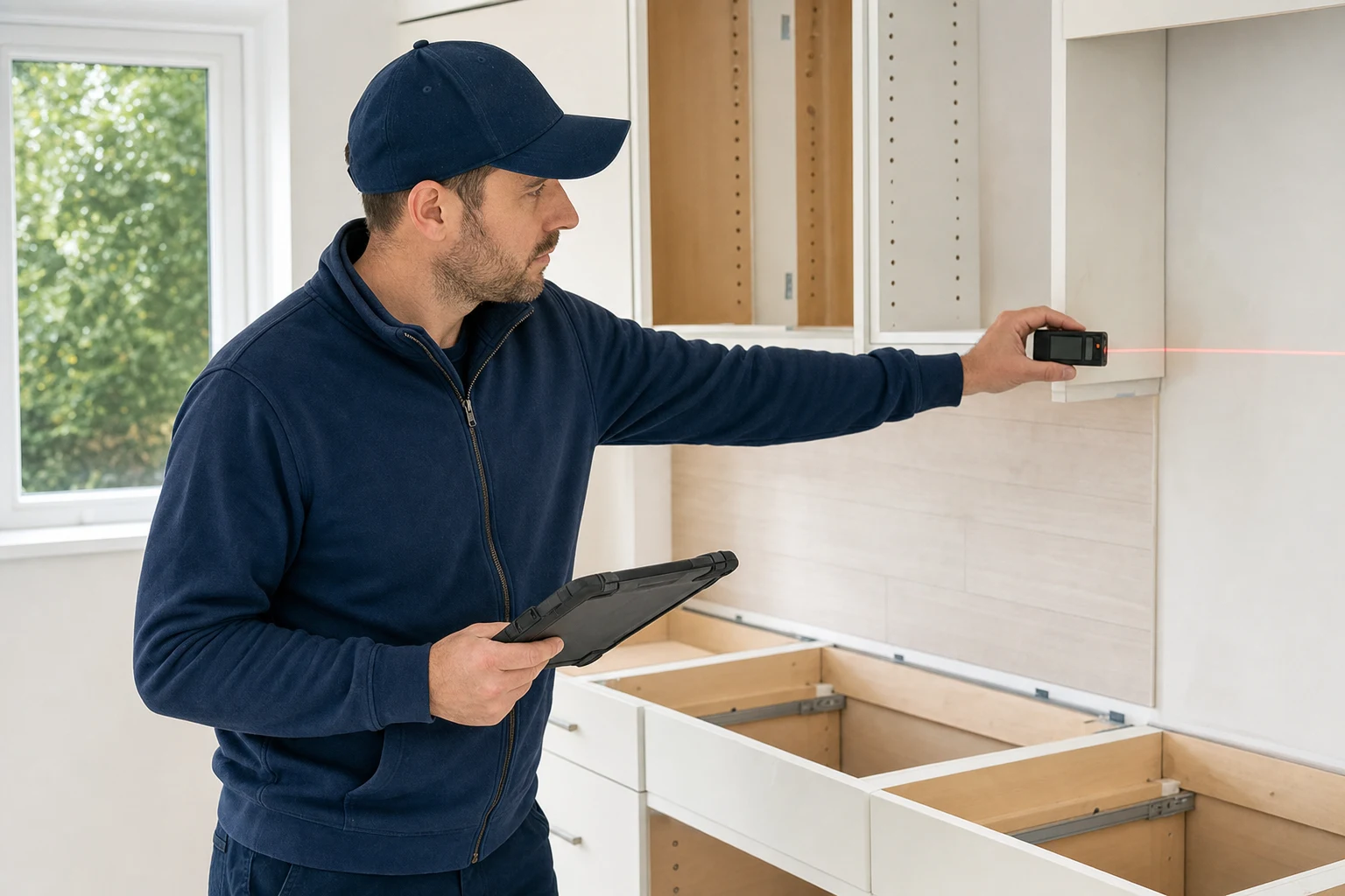 UrbanSource technician using a professional digital measuring system in an unfinished kitchen