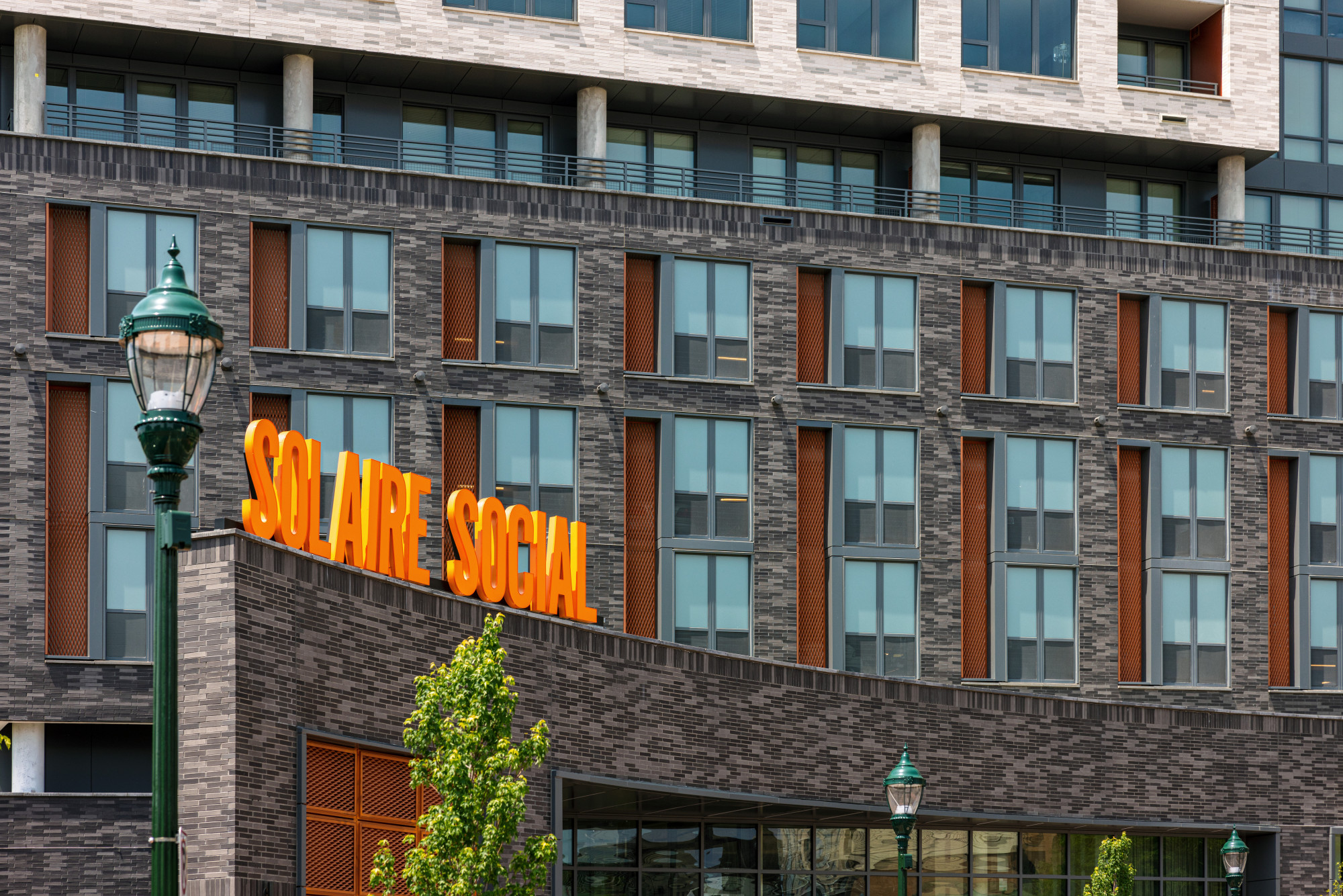 Solaire Social exterior at the Solaire 8200 Dixon development in Silver Spring, North Carolina