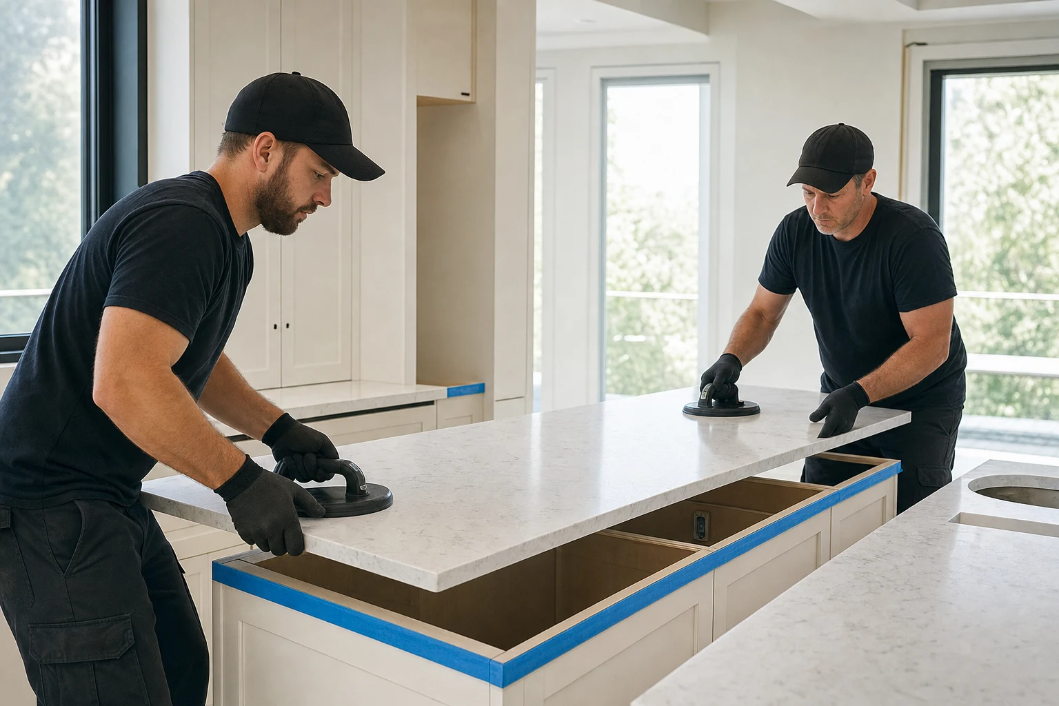 Two installers carefully lowering a new quartz countertop slab into place with lifting handles
