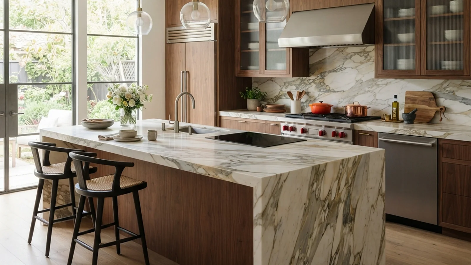 Quartzite island with expressive natural veining