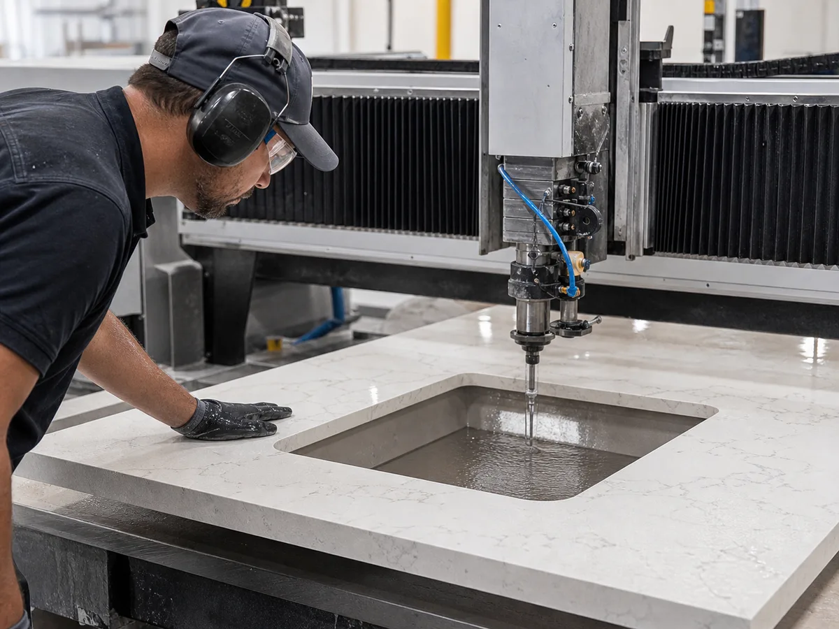 CNC equipment fabricating a precise sink cutout in a stone countertop