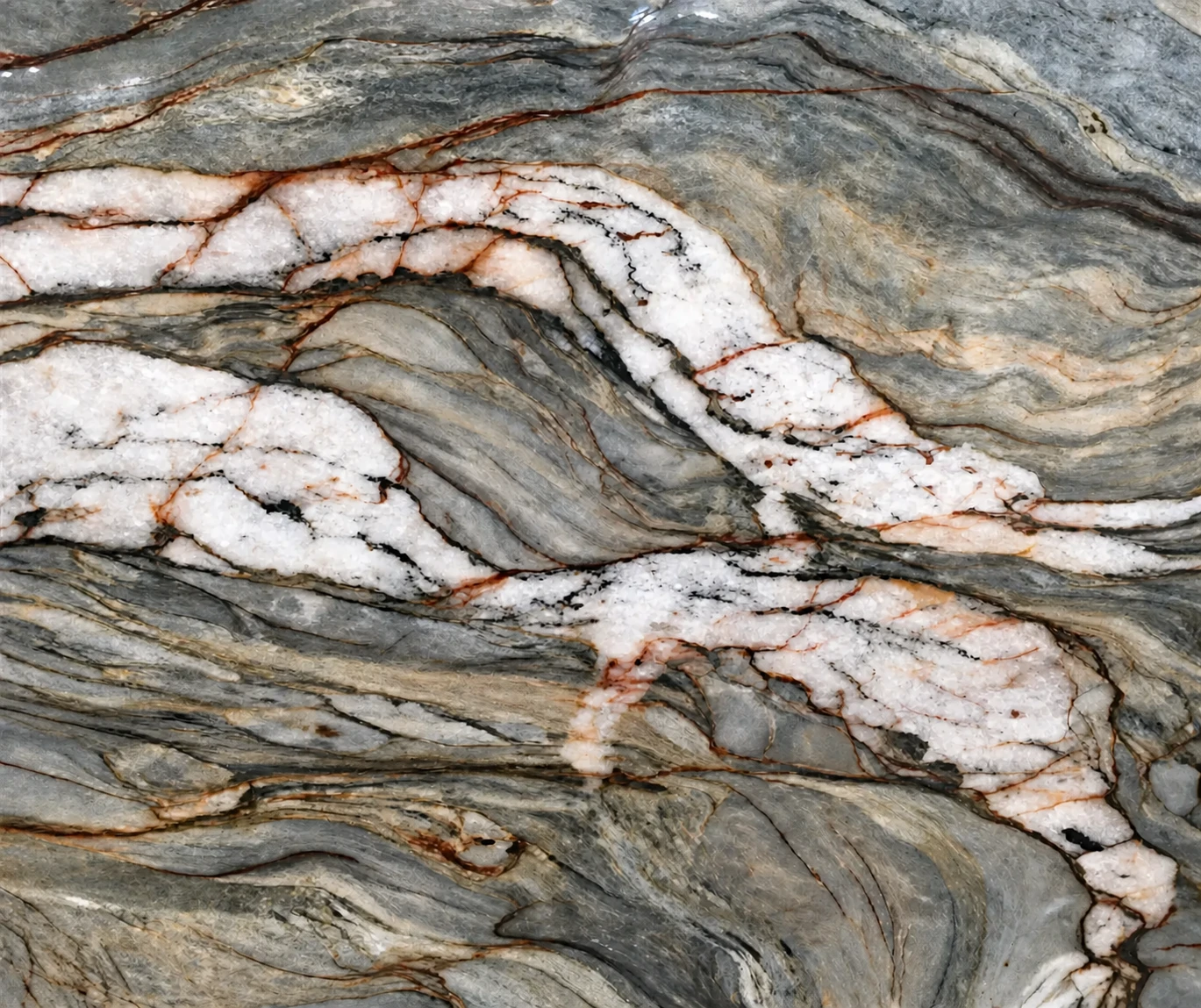 Fusion quartzite with flowing mineral bands