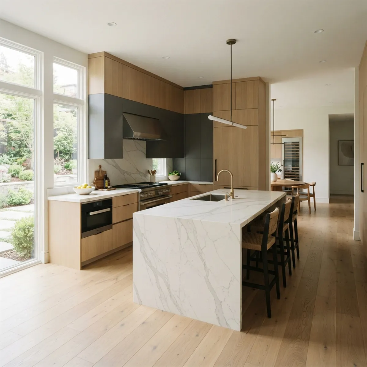 Bright residential kitchen with quartz countertops and a full-height backsplash