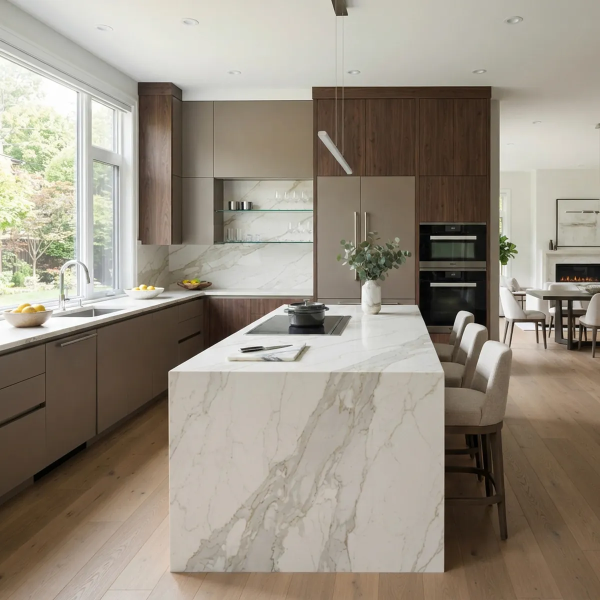 Finished kitchen with a bright stone island, backsplash, and coordinated cabinetry