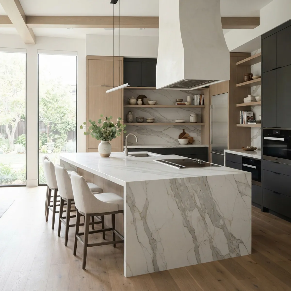 Custom home kitchen with a large stone island and coordinated cabinetry