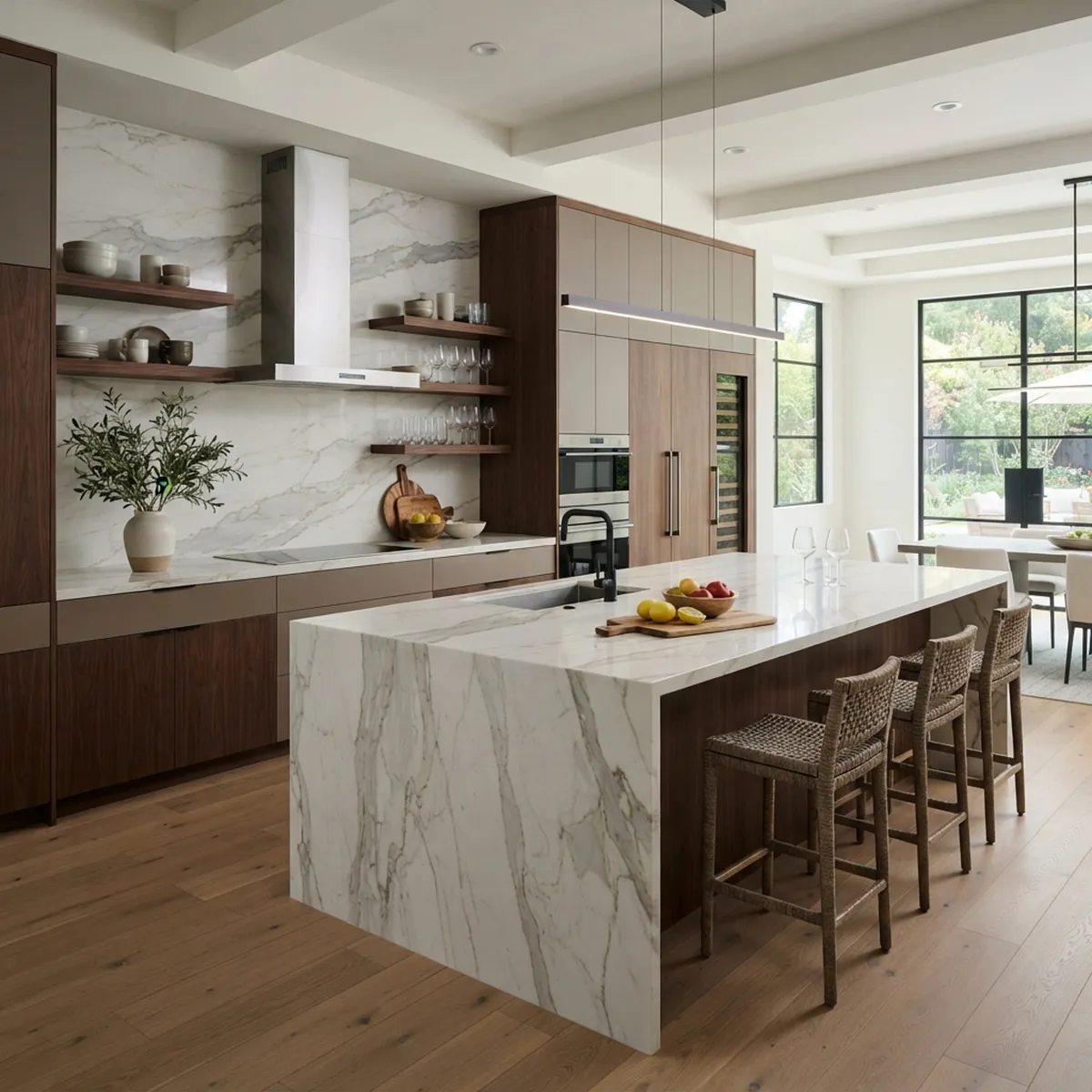 Finished kitchen with a coordinated stone backsplash and island