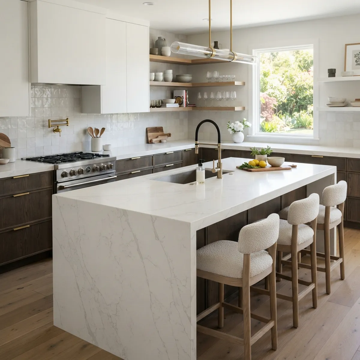 Bright kitchen with a full-height stone backsplash and waterfall island