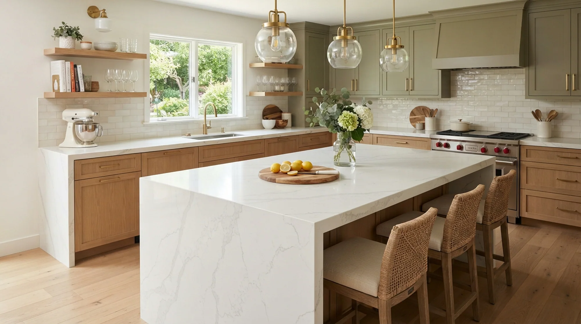 White stone kitchen island with warm oak cabinets and brass lighting